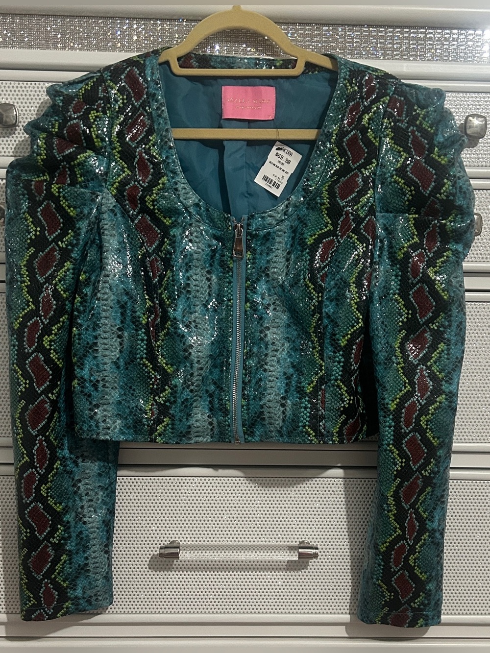 Azalea Wang teal and multicolored snakeskin print faux leather crop jacket. - Picture 2 of 11